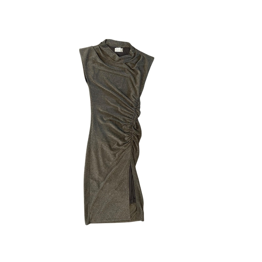Dress Forum Los Angeles Metallic Shimmer Ruched Mock Neck Midi Dress Silver Gold